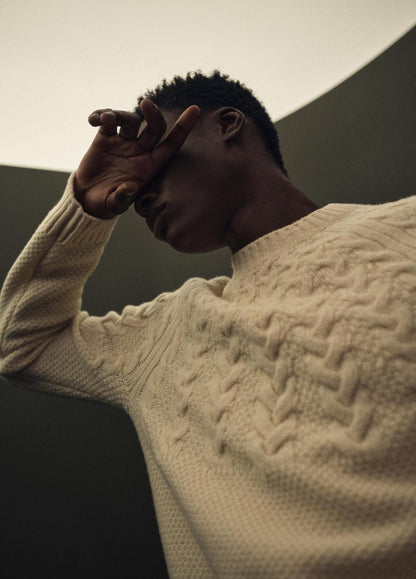 Airspun Merino Wool Cable-Yoke Sweater in Crew Neck - LIGHT DUNE | VINCE Men