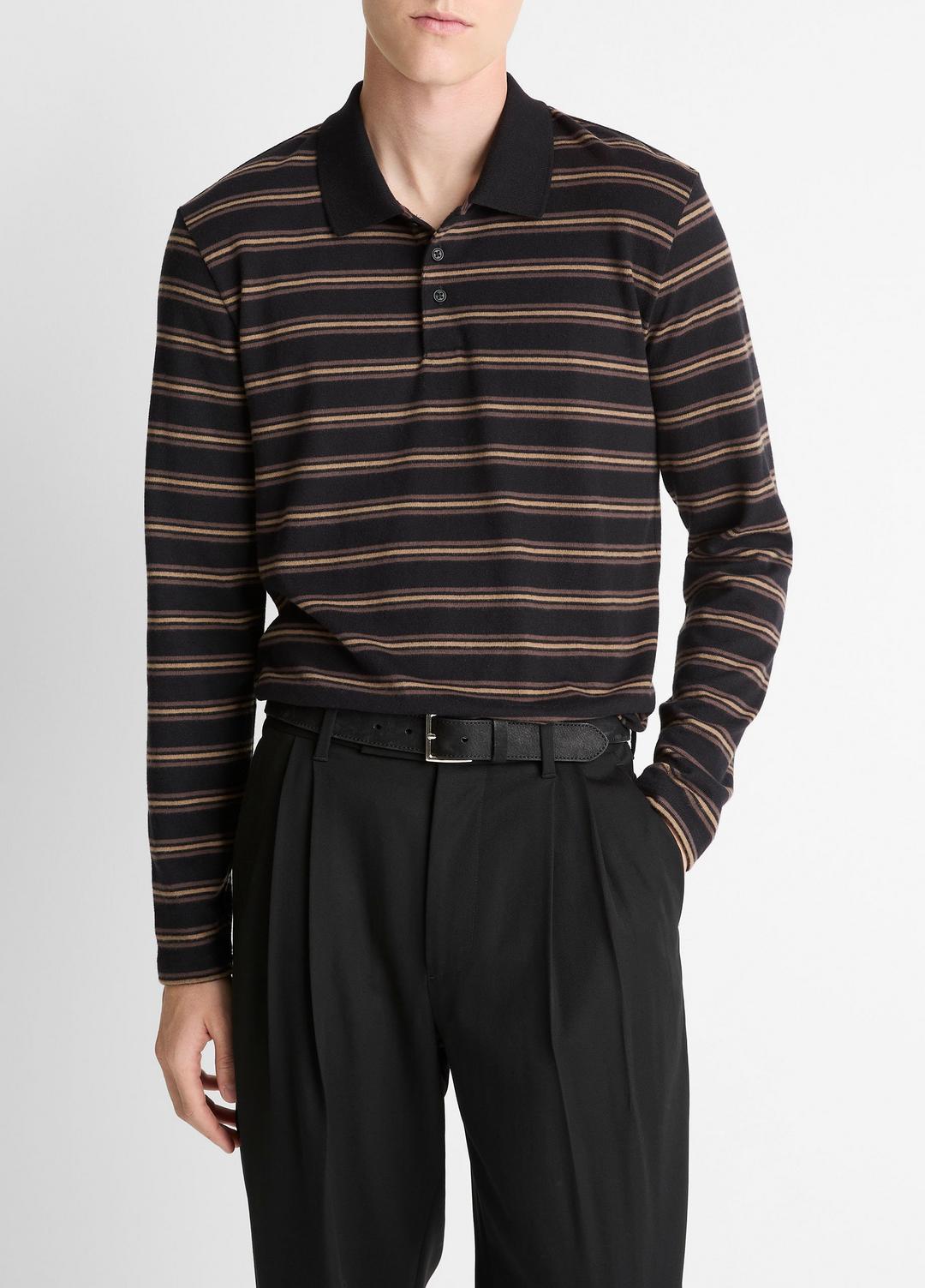 Striped Cotton-Blend Long-Sleeve Polo Shirt in Henleys & Polos - BLACK COMBO | VINCE Men