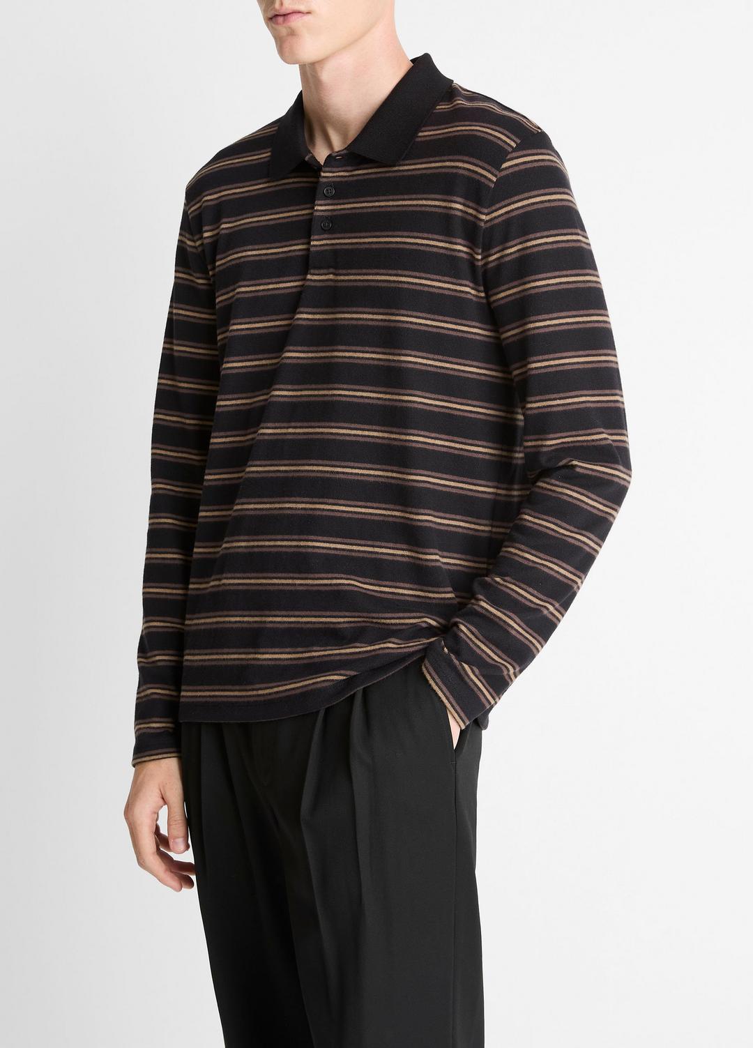 Striped Cotton-Blend Long-Sleeve Polo Shirt in Henleys & Polos - BLACK COMBO | VINCE Men