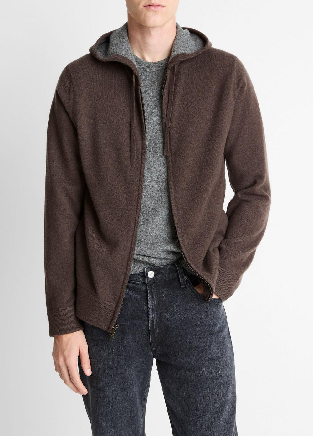 Cashmere Zip-Front Hoodie in Sweatshirts & Hoodies - MISSION/MEDIUM HEATHER GREY | VINCE Men