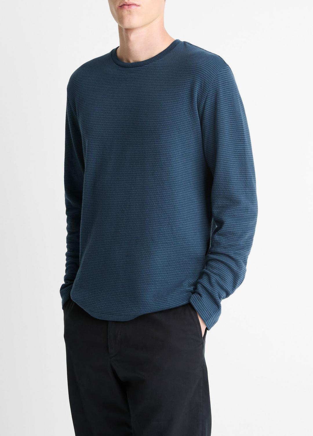 Striped Double-Knit Pima Cotton Long-Sleeve T-Shirt in Long Sleeve - CLEAR LAKE/RAPIDS | VINCE Men