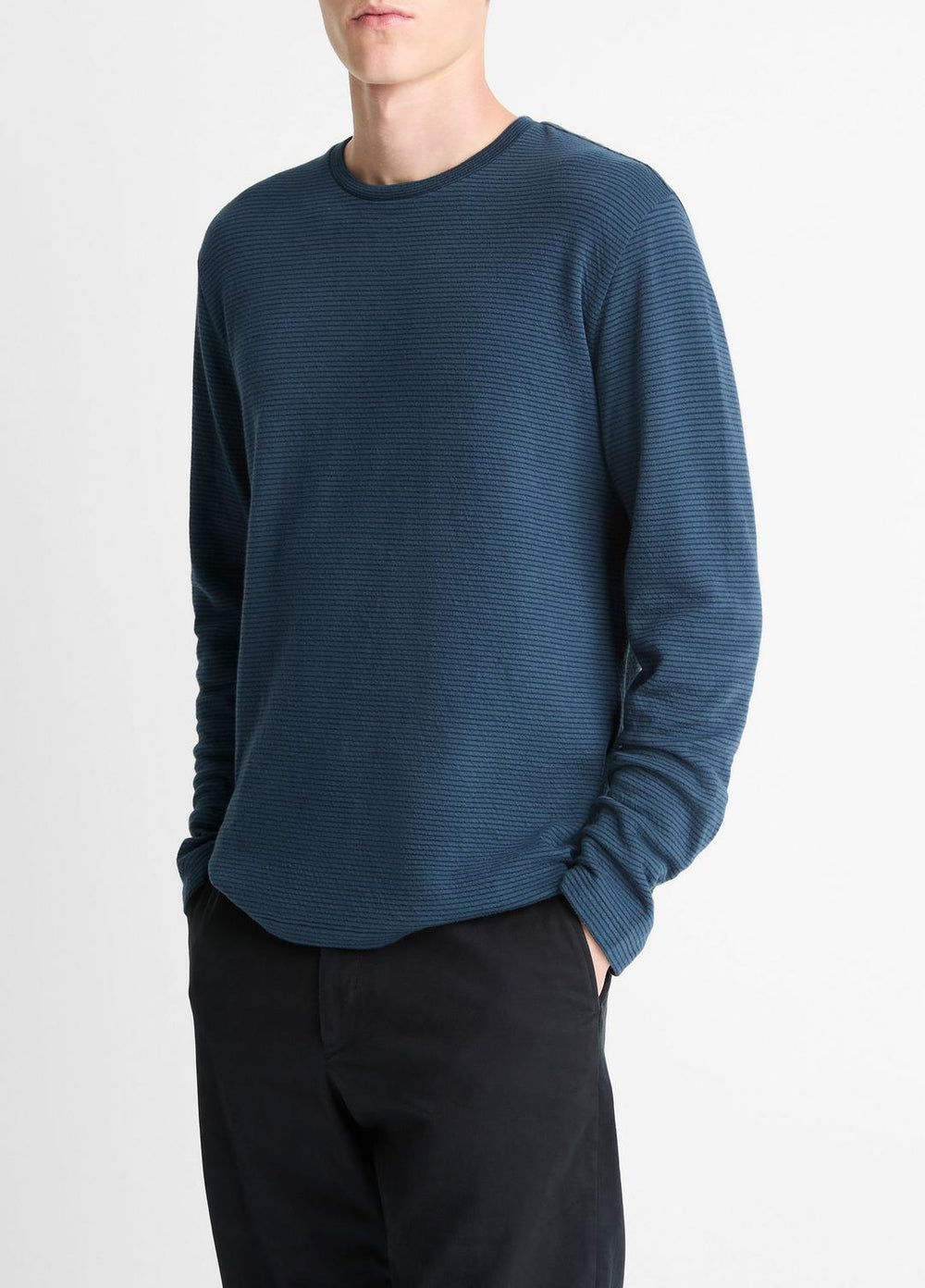 Striped Double-Knit Pima Cotton Long-Sleeve T-Shirt in Long Sleeve - CLEAR LAKE/RAPIDS | VINCE Men