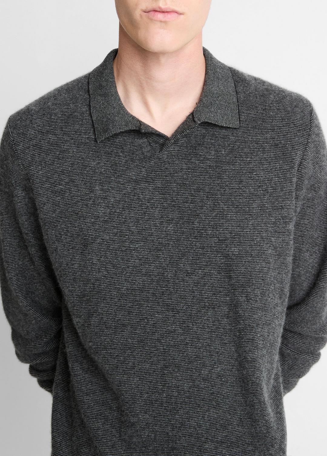 Feed Stripe Plush Cashmere Johnny-Collar Sweater in Cashmere - BLACK/MEDIUM HEATHER GREY | VINCE Men