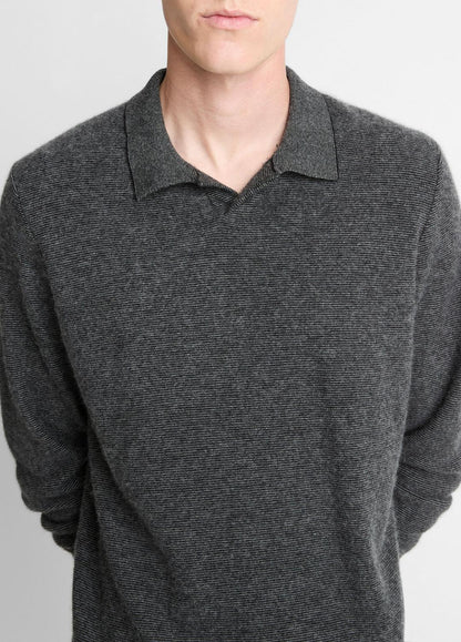 Feed Stripe Plush Cashmere Johnny-Collar Sweater in Cashmere - BLACK/MEDIUM HEATHER GREY | VINCE Men
