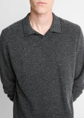 Feed Stripe Plush Cashmere Johnny-Collar Sweater in Cashmere - BLACK/MEDIUM HEATHER GREY | VINCE Men
