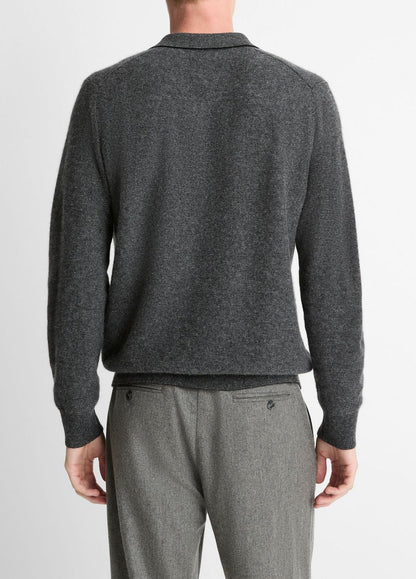 Feed Stripe Plush Cashmere Johnny-Collar Sweater in Cashmere - BLACK/MEDIUM HEATHER GREY | VINCE Men