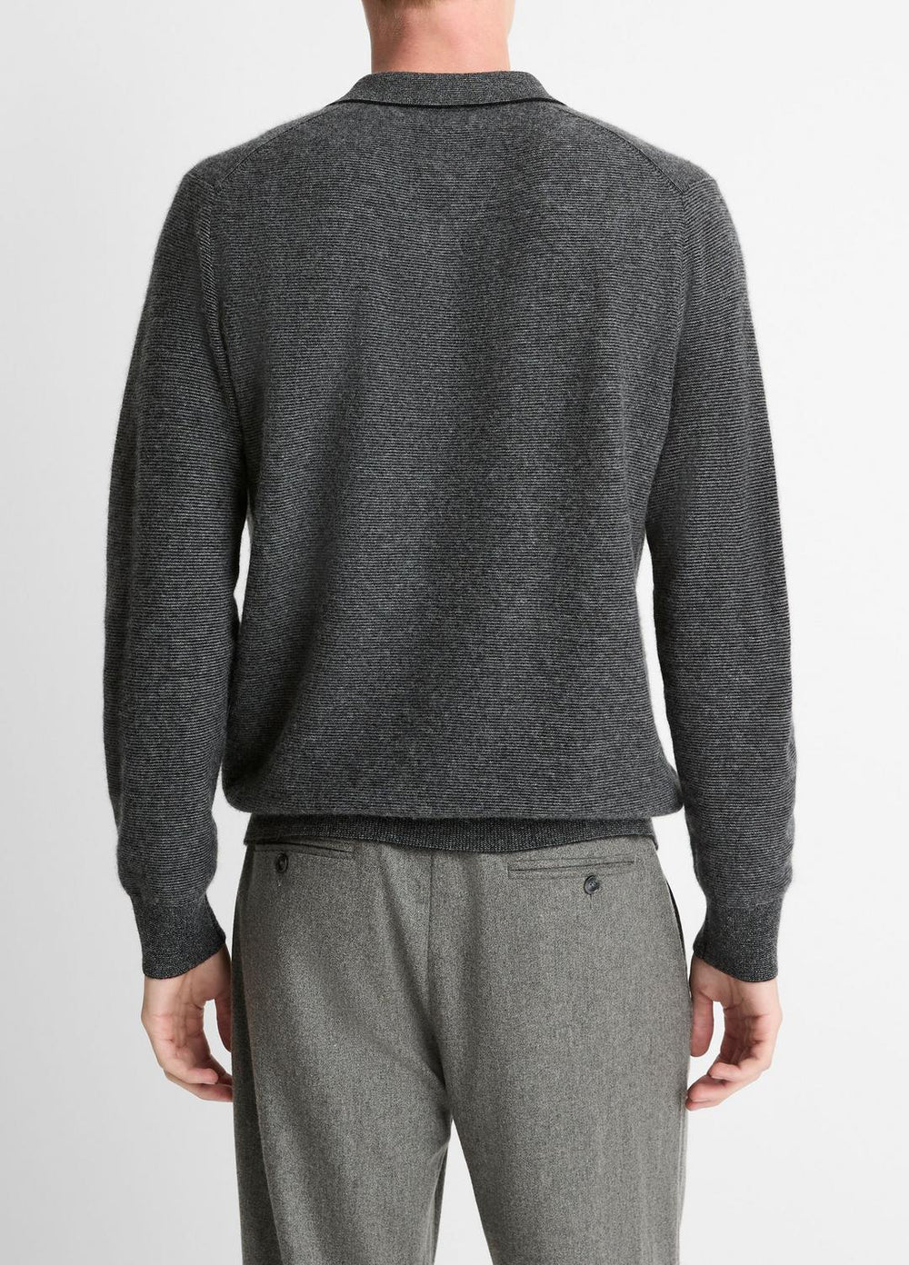 Feed Stripe Plush Cashmere Johnny-Collar Sweater in Cashmere - BLACK/MEDIUM HEATHER GREY | VINCE Men
