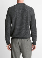 Feed Stripe Plush Cashmere Johnny-Collar Sweater in Cashmere - BLACK/MEDIUM HEATHER GREY | VINCE Men