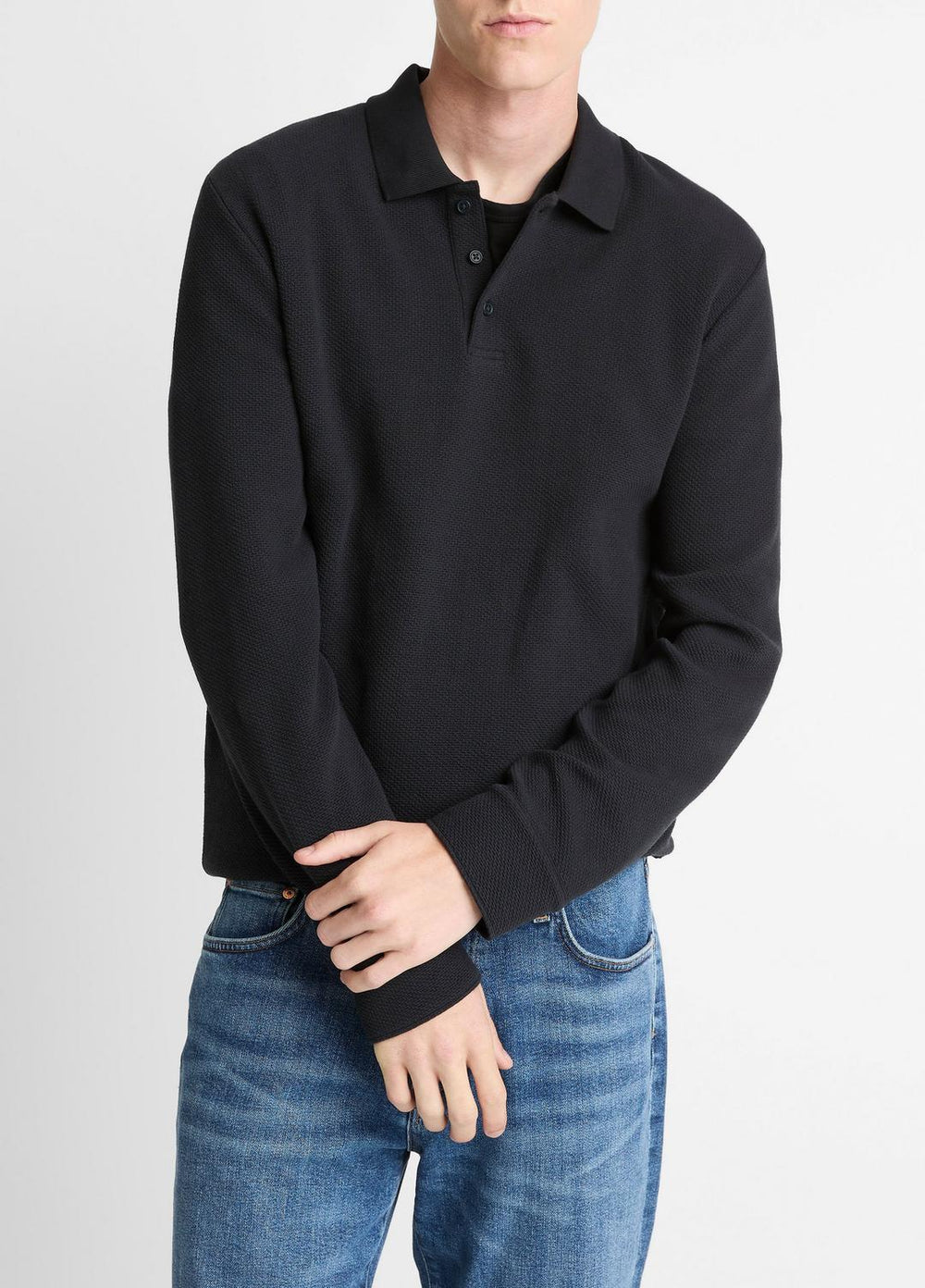 Basket-Weave Cotton Long-Sleeve Polo Shirt in Henleys & Polos - COASTAL BLUE | VINCE Men