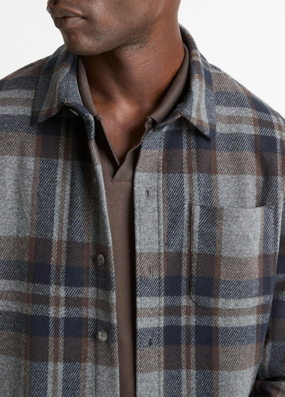 Plaid Cotton-Blend Shirt Jacket in Shirt Jackets - MEDIUM HEATHER GREY COMBO | VINCE Men