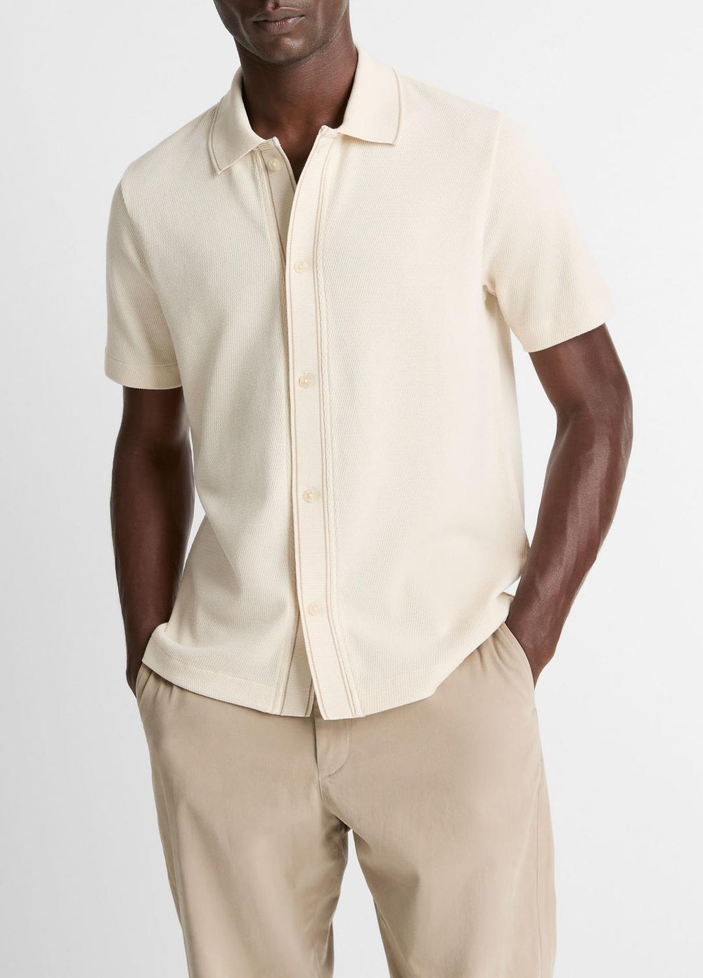 Jacquard-Knit Cotton Short-Sleeve Button-Front Shirt in Short Sleeve - BONE/RIVER SAND | VINCE Men