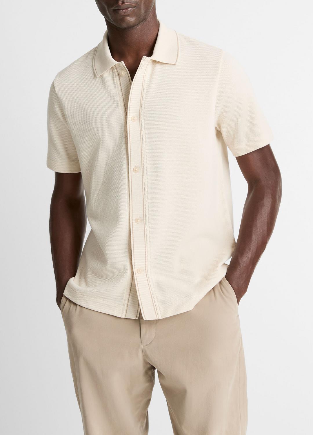 Jacquard-Knit Cotton Short-Sleeve Button-Front Shirt in Short Sleeve - BONE/RIVER SAND | VINCE Men