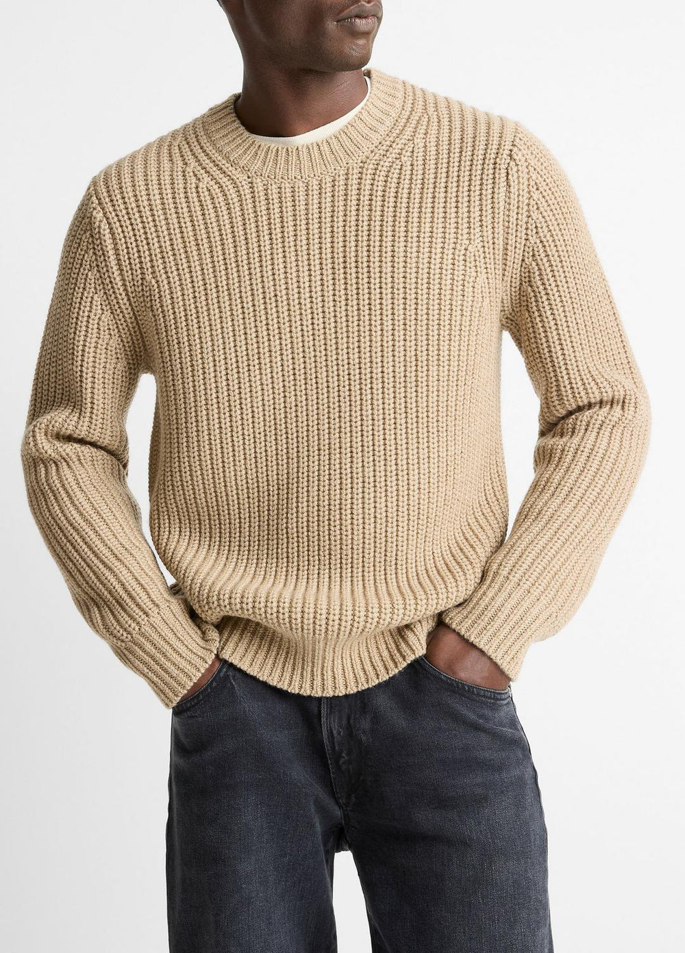 Utility Shaker Merino Wool Sweater in Crew Neck - HEATHER RIVER SAND | VINCE Men