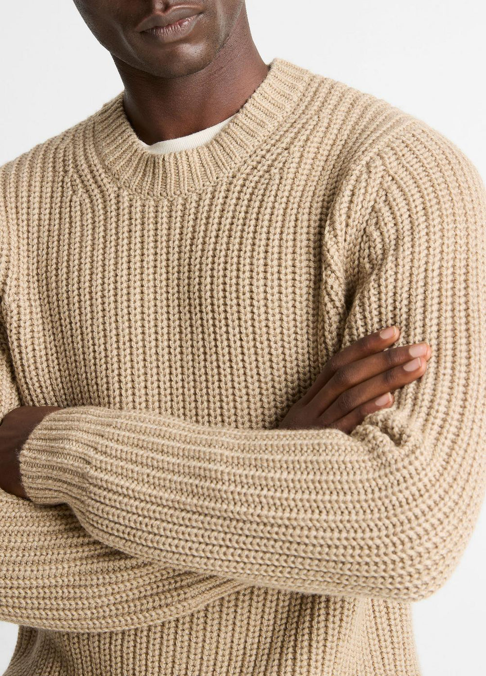 Utility Shaker Merino Wool Sweater in Crew Neck - HEATHER RIVER SAND | VINCE Men