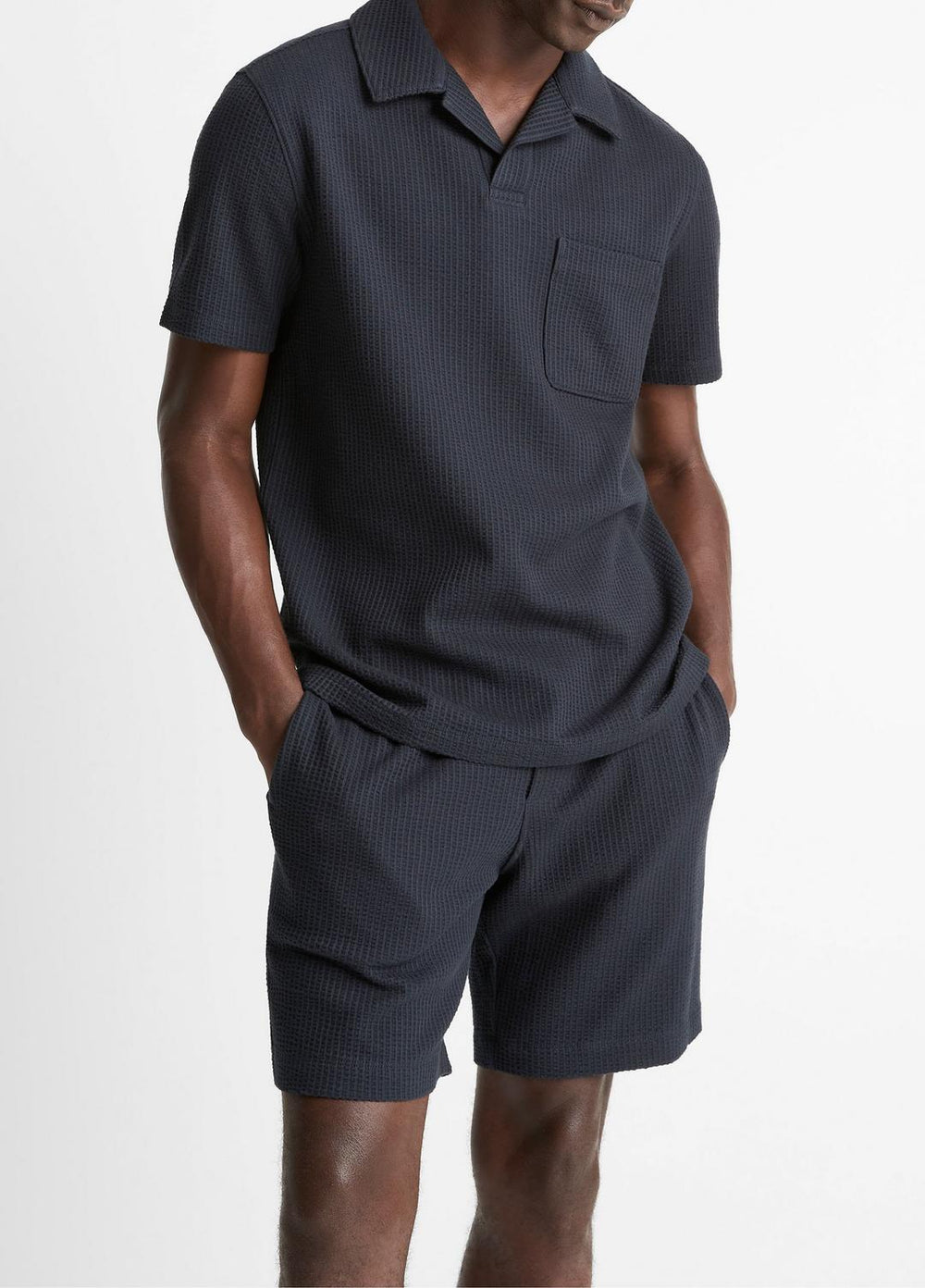 Seersucker-Knit Stretch-Cotton Short-Sleeve Johnny-Collar Shirt in Short Sleeve - COASTAL BLUE | VINCE Men