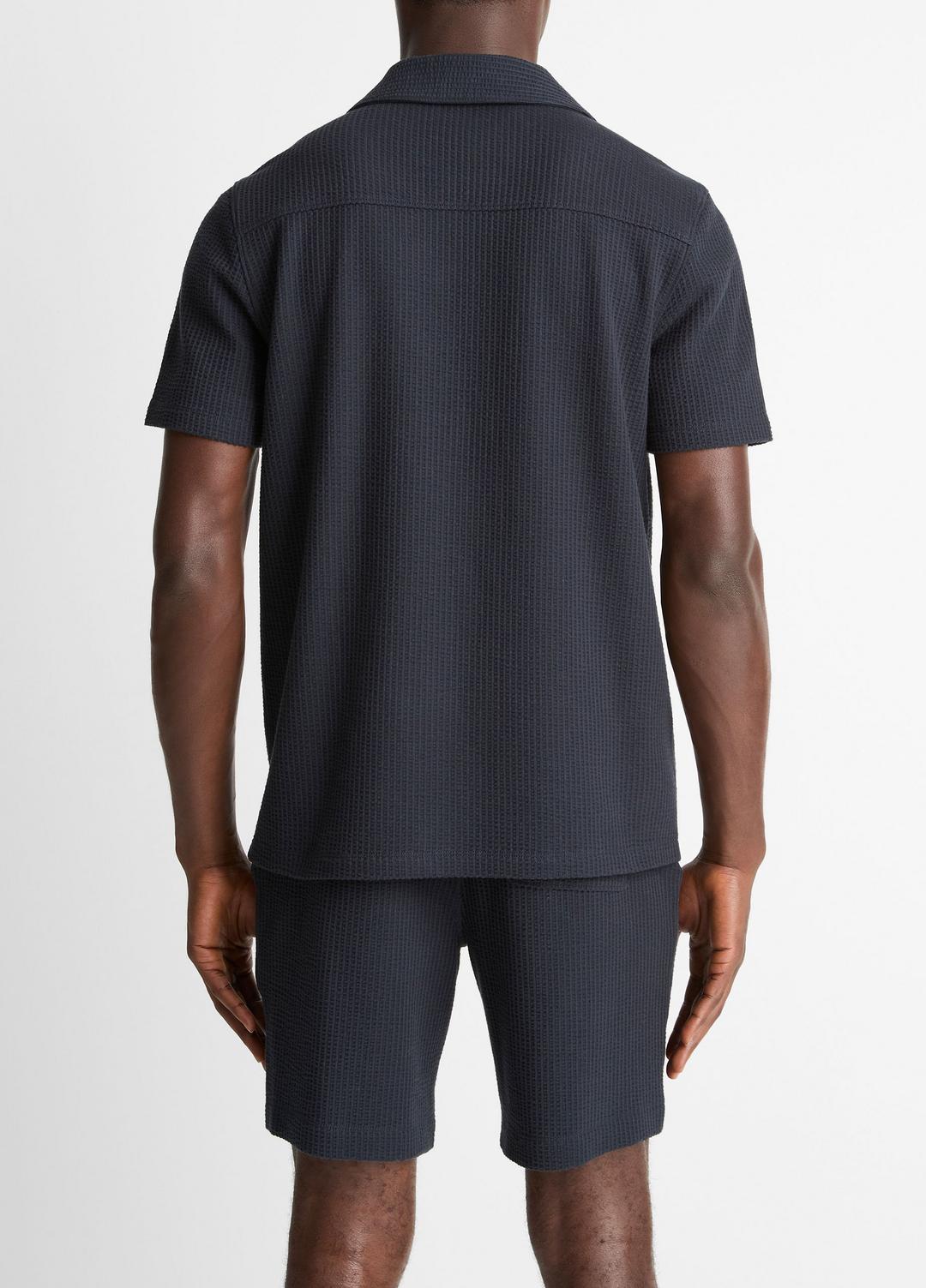 Seersucker-Knit Stretch-Cotton Short-Sleeve Johnny-Collar Shirt in Short Sleeve - COASTAL BLUE | VINCE Men