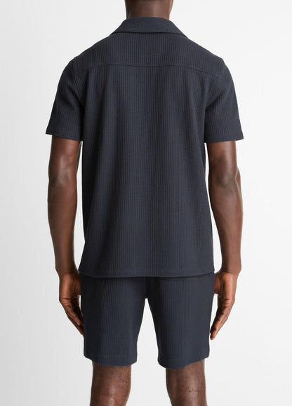 Seersucker-Knit Stretch-Cotton Short-Sleeve Johnny-Collar Shirt in Short Sleeve - COASTAL BLUE | VINCE Men