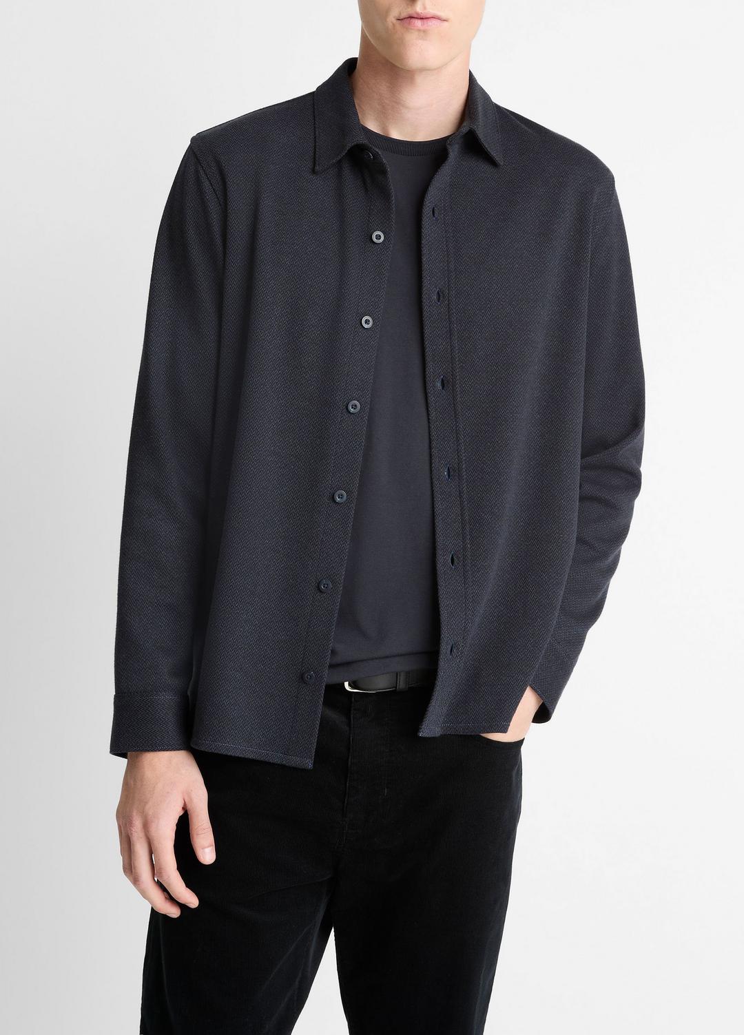 Herringbone Cotton-Blend Button-Front Shirt in Long Sleeve - COASTAL BLUE | VINCE Men