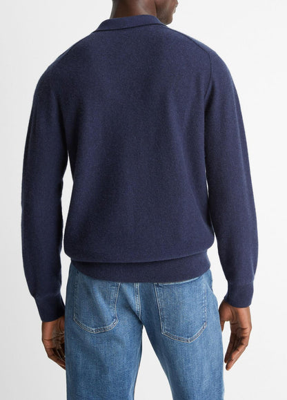 Feed Stripe Plush Cashmere Johnny-Collar Sweater in Cashmere - COASTAL BLUE/DARK SAPPHIRE | VINCE Men