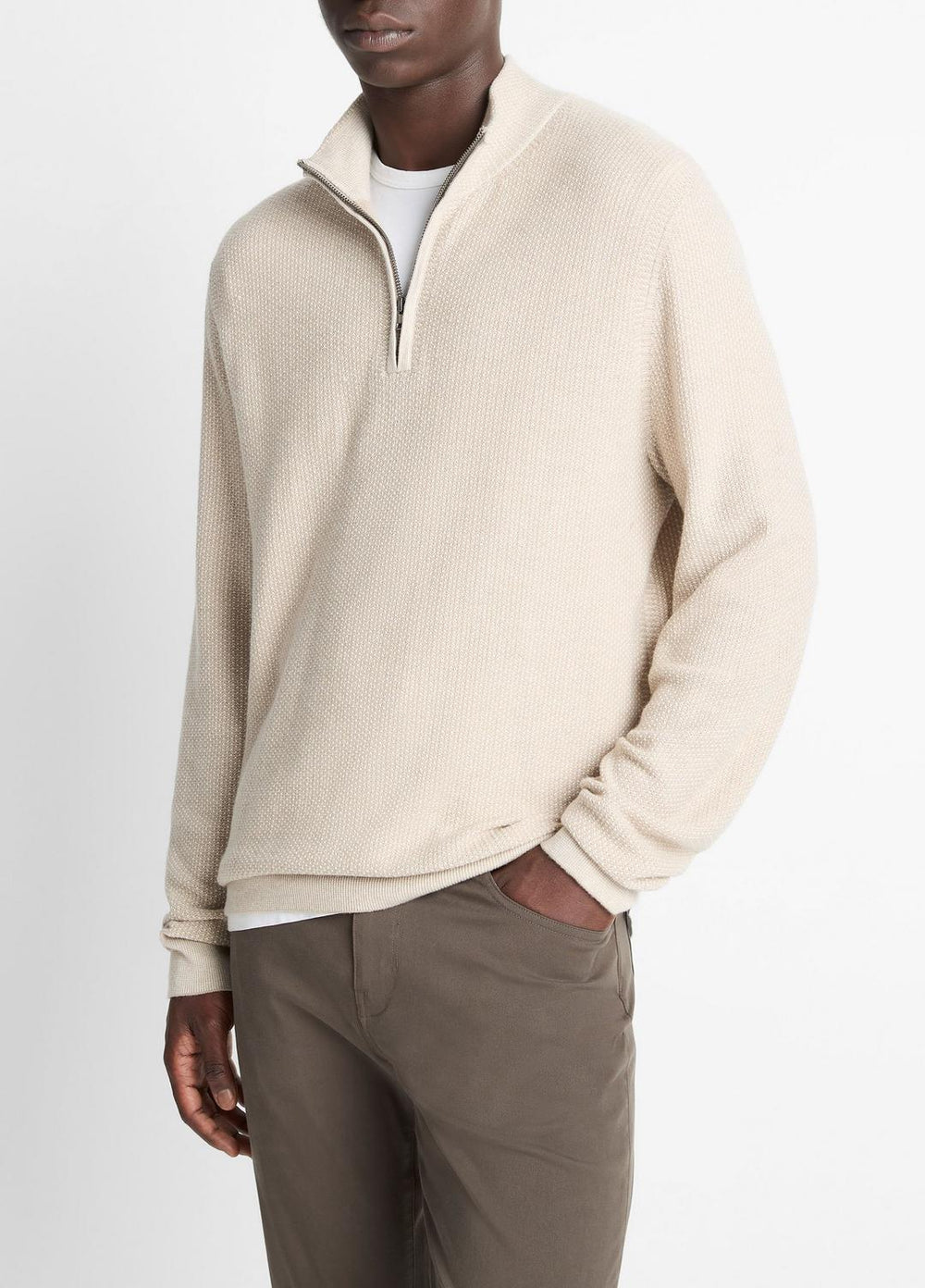Geo-Jacquard Wool-Blend Quarter-Zip Sweater in Quarter Zip - BRITISH KHAKI/CLASSIC CREAM | VINCE Men