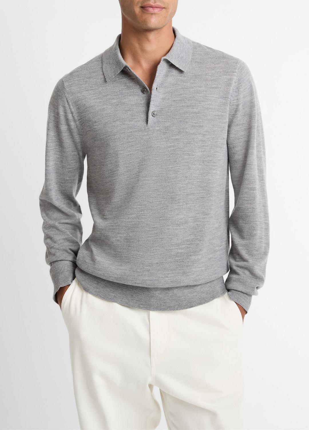 Wool Polo Sweater in Sweaters - HEATHER GREY | VINCE Men