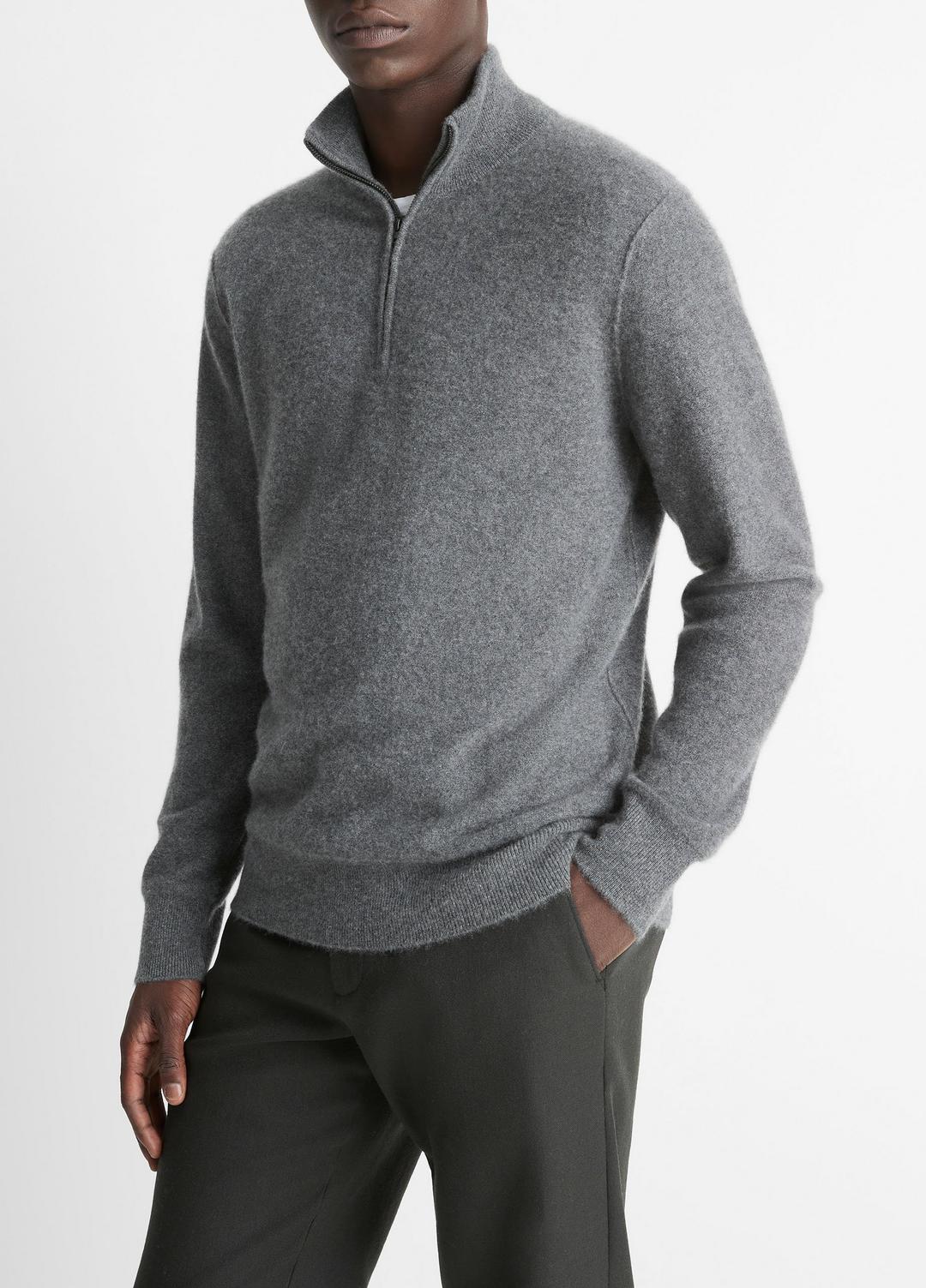 Plush Cashmere Quarter-Zip Sweater in Quarter Zip - MEDIUM HEATHER GREY | VINCE Men