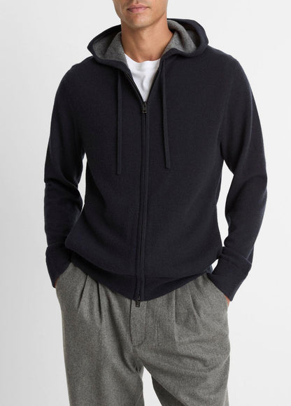 Cashmere Zip-Front Hoodie in Cashmere - COASTAL BLUE/MEDIUM HEATHER GREY | VINCE Men