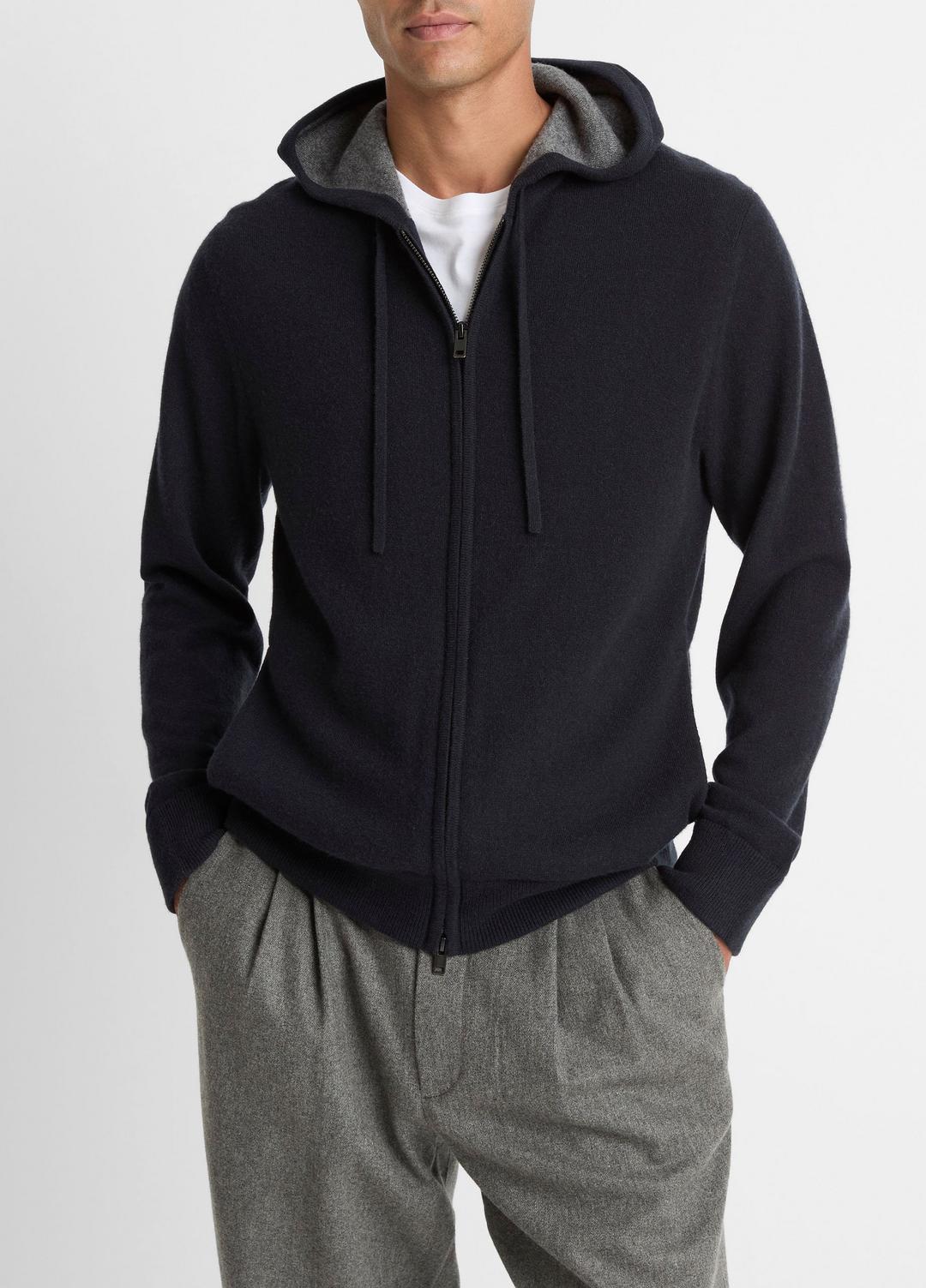 Cashmere Zip-Front Hoodie in Cashmere - COASTAL BLUE/MEDIUM HEATHER GREY | VINCE Men