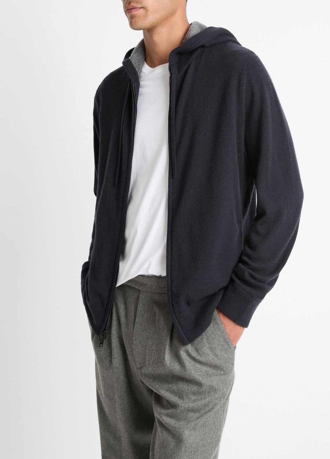 Cashmere Zip-Front Hoodie in Cashmere - COASTAL BLUE/MEDIUM HEATHER GREY | VINCE Men