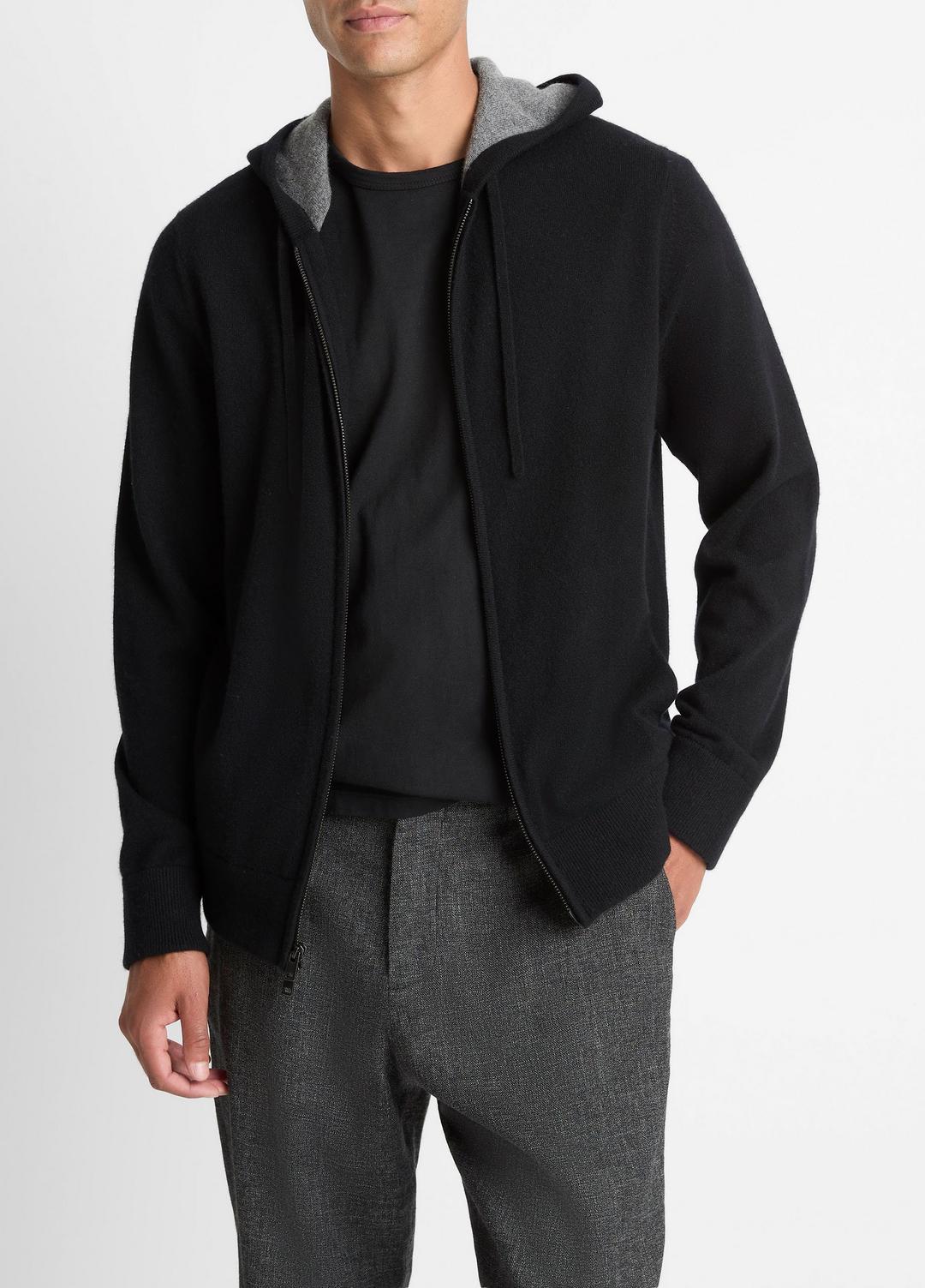 Cashmere Zip-Front Hoodie in Cashmere - BLACK/MEDIUM HEATHER GREY | VINCE Men