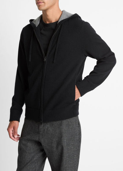 Cashmere Zip-Front Hoodie in Cashmere - BLACK/MEDIUM HEATHER GREY | VINCE Men