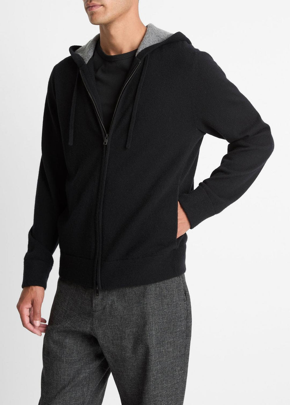 Cashmere Zip-Front Hoodie in Cashmere - BLACK/MEDIUM HEATHER GREY | VINCE Men