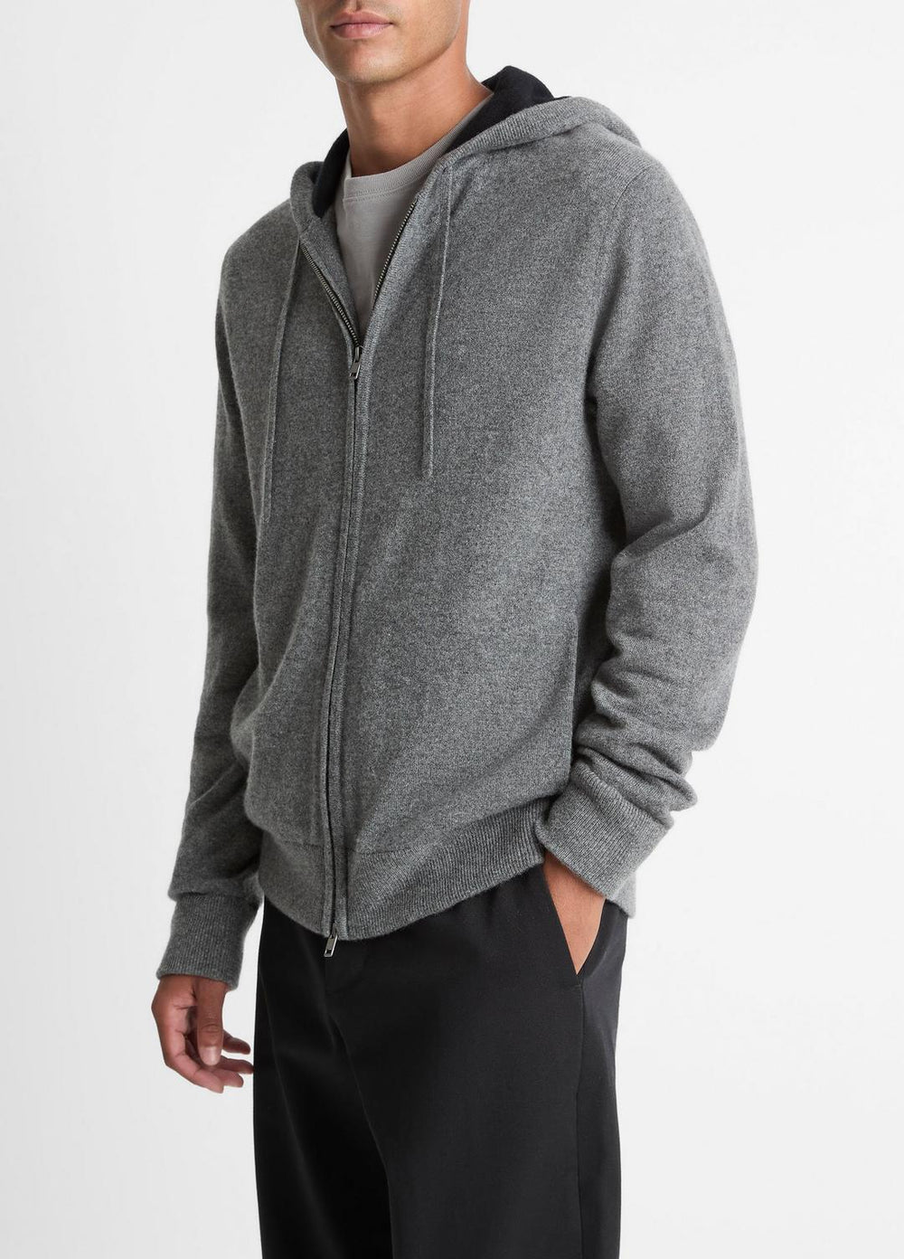 Cashmere Zip-Front Hoodie in Cashmere - MEDIUM HEATHER GREY/BLACK | VINCE Men