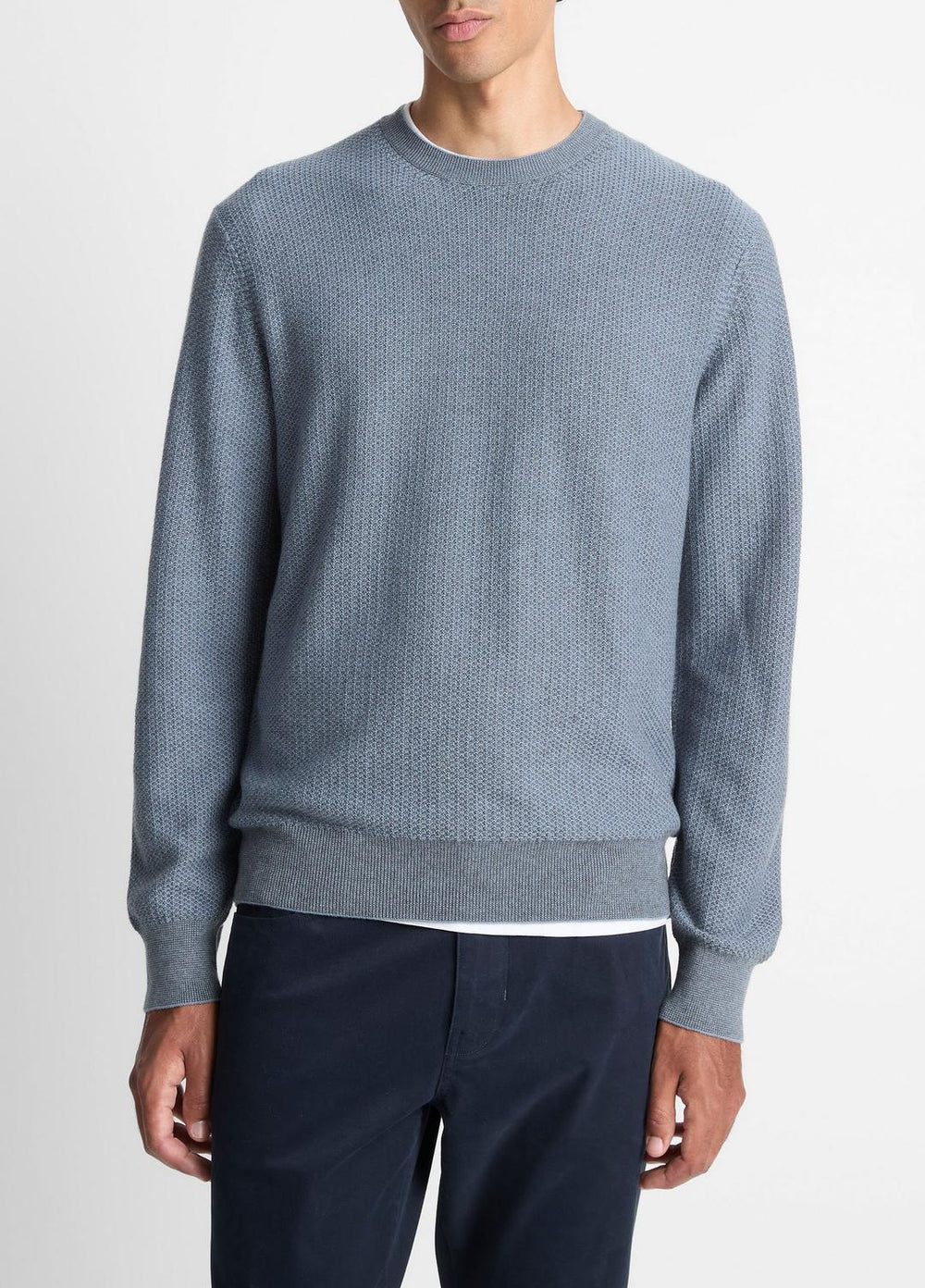 Geo-Jacquard Wool-Blend Crew Neck Sweater in Crew Neck - PARLOR BLUE/MEDIUM HEATHER GREY | VINCE Men