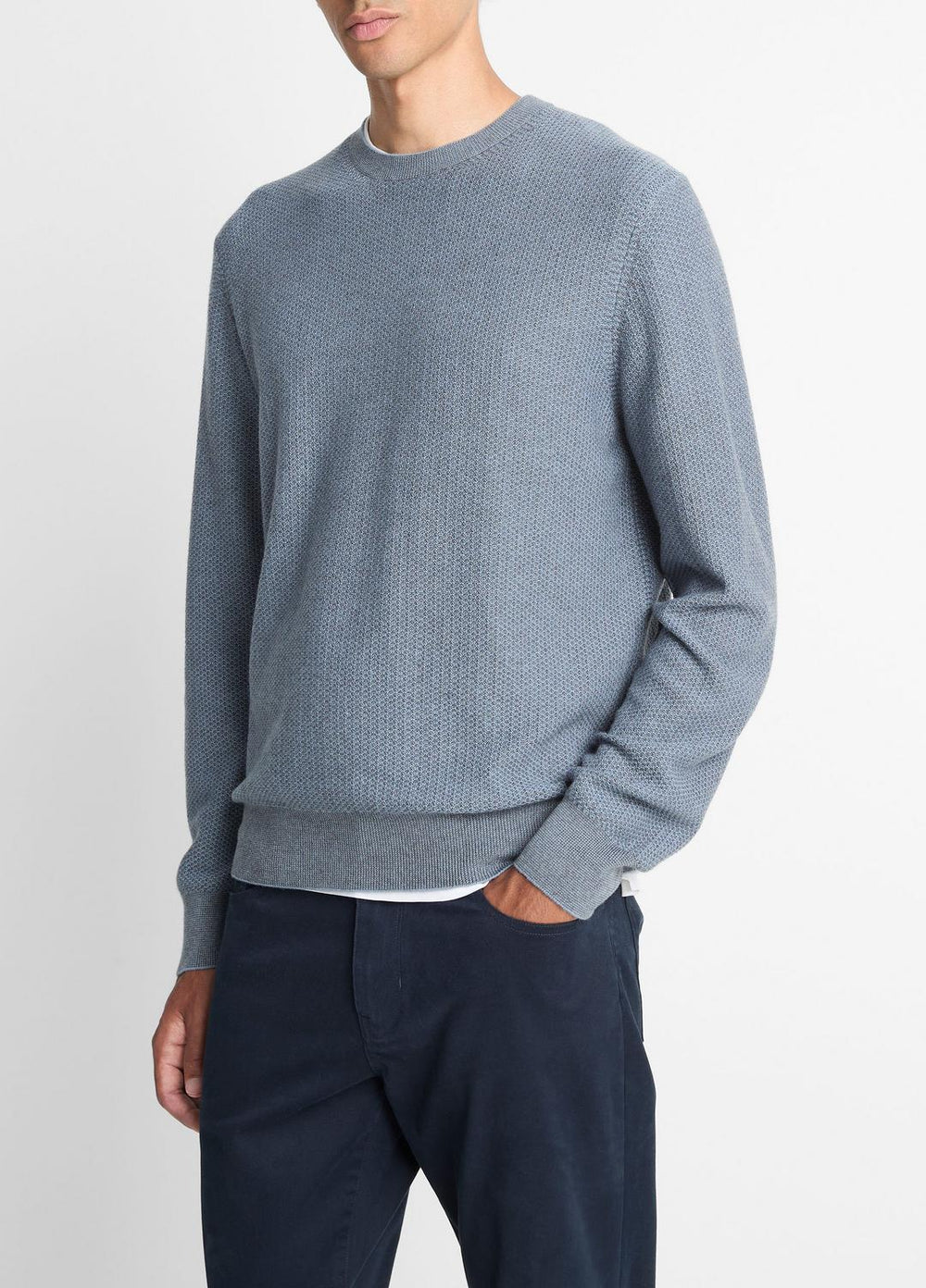 Geo-Jacquard Wool-Blend Crew Neck Sweater in Crew Neck - PARLOR BLUE/MEDIUM HEATHER GREY | VINCE Men