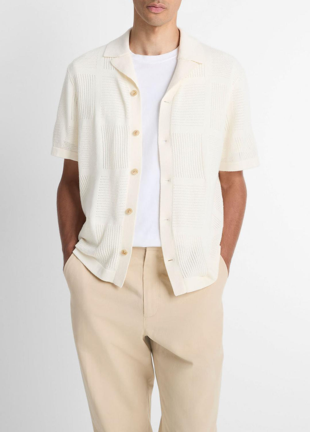 Patchwork Pointelle Short-Sleeve Shirt in Short Sleeve - CLASSIC CREAM | VINCE Men