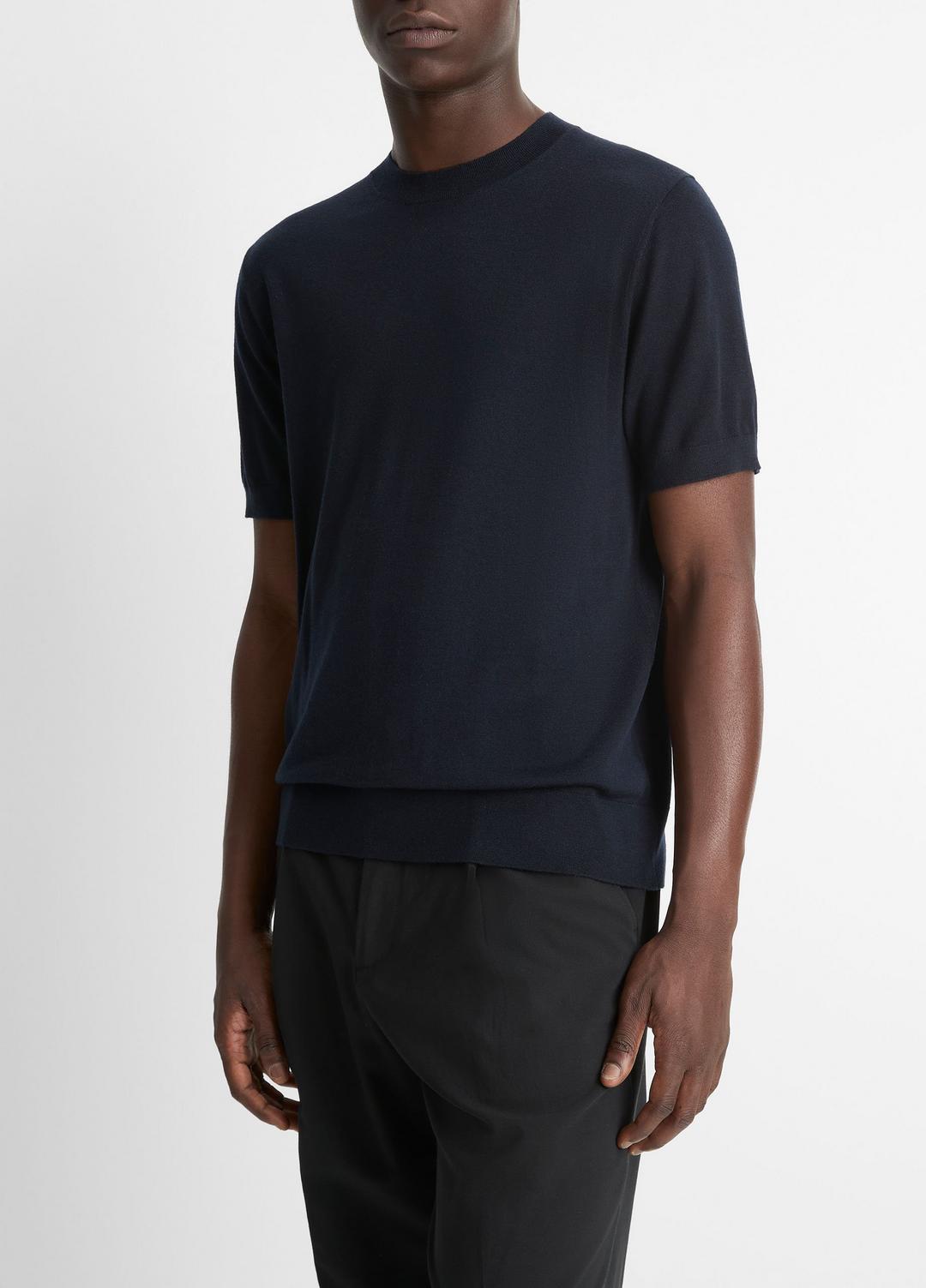 Featherweight Merino Wool-Cashmere Short-Sleeve Sweater in Crew Neck - COASTAL BLUE | VINCE Men
