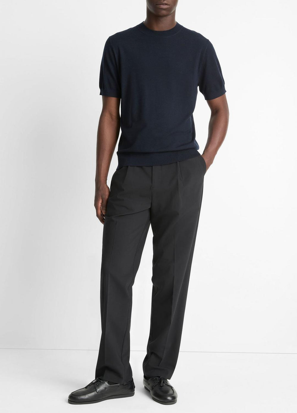 Featherweight Merino Wool-Cashmere Short-Sleeve Sweater in Crew Neck - COASTAL BLUE | VINCE Men