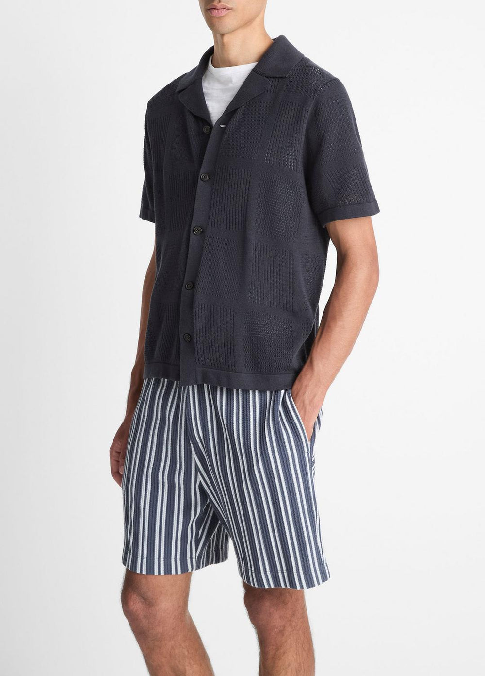 Patchwork Pointelle Short-Sleeve Shirt in Short Sleeve - LIGHT COASTAL BLUE | VINCE Men