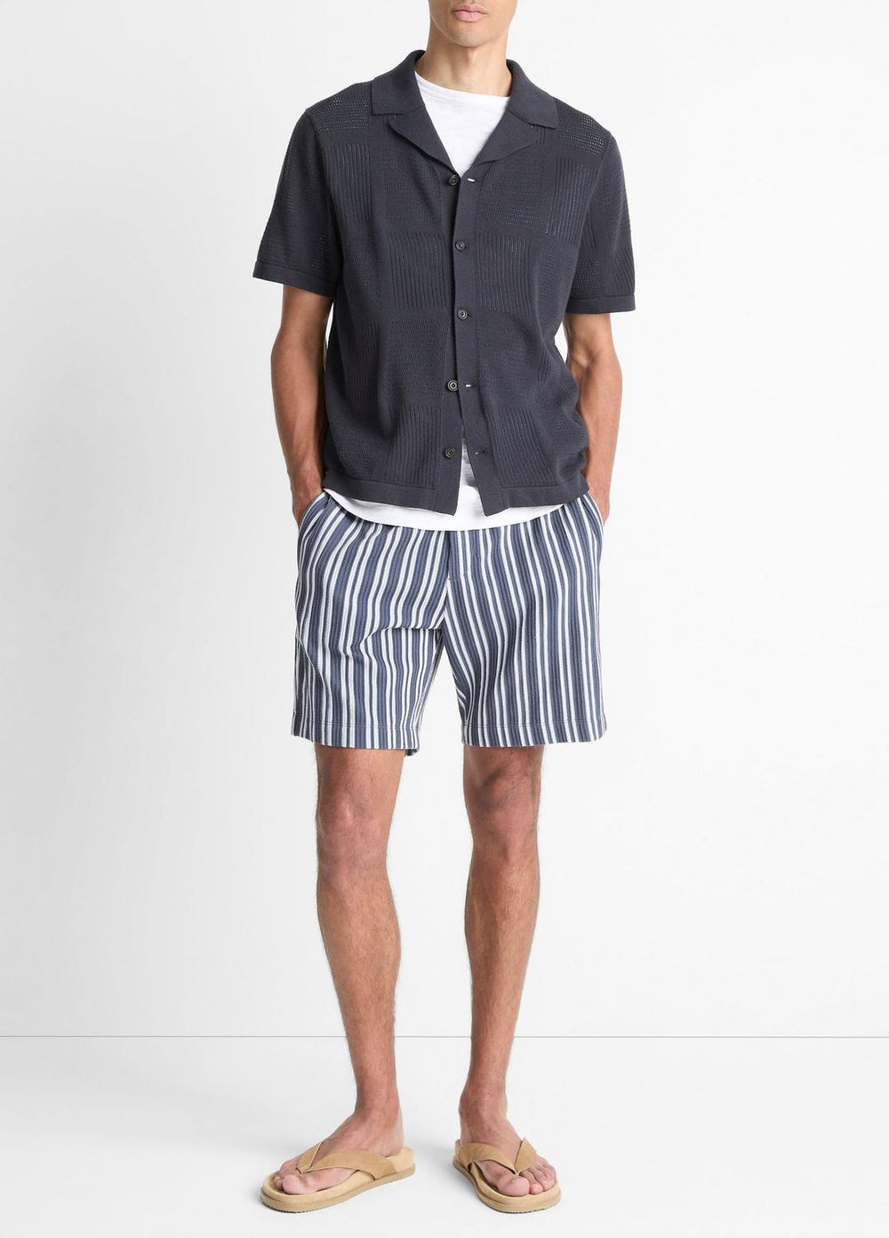 Patchwork Pointelle Short-Sleeve Shirt in Short Sleeve - LIGHT COASTAL BLUE | VINCE Men