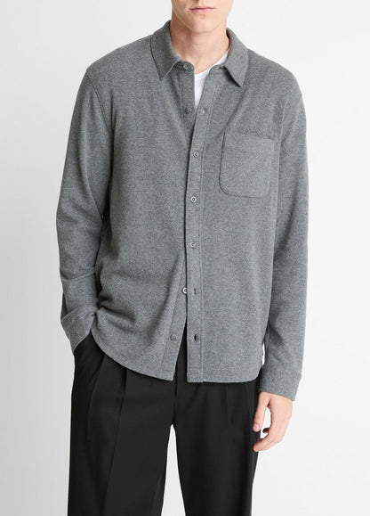 Knit Cotton-Blend Button-Front Shirt in Long Sleeve - MEDIUM HEATHER GREY | VINCE Men