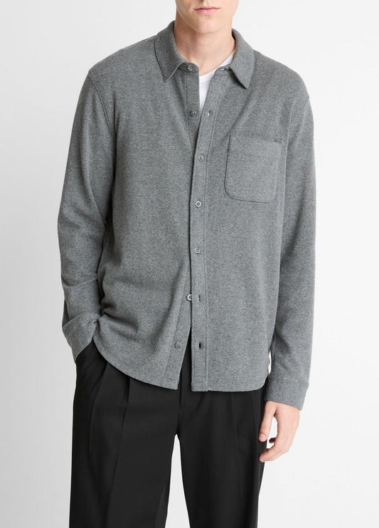 Knit Cotton-Blend Button-Front Shirt in Long Sleeve - MEDIUM HEATHER GREY | VINCE Men