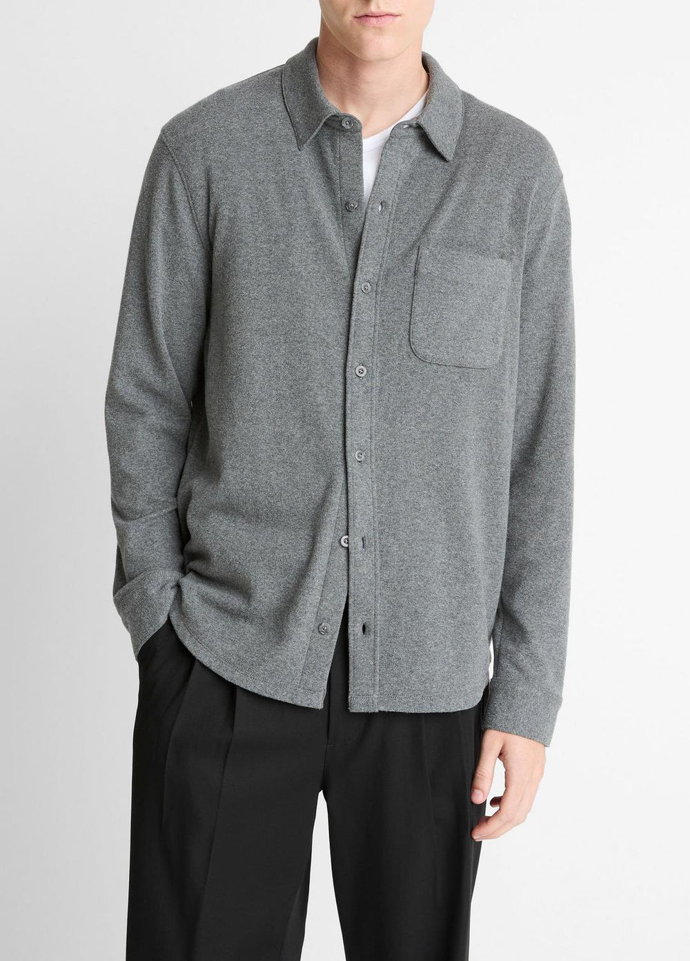 Knit Cotton-Blend Button-Front Shirt in Long Sleeve - MEDIUM HEATHER GREY | VINCE Men