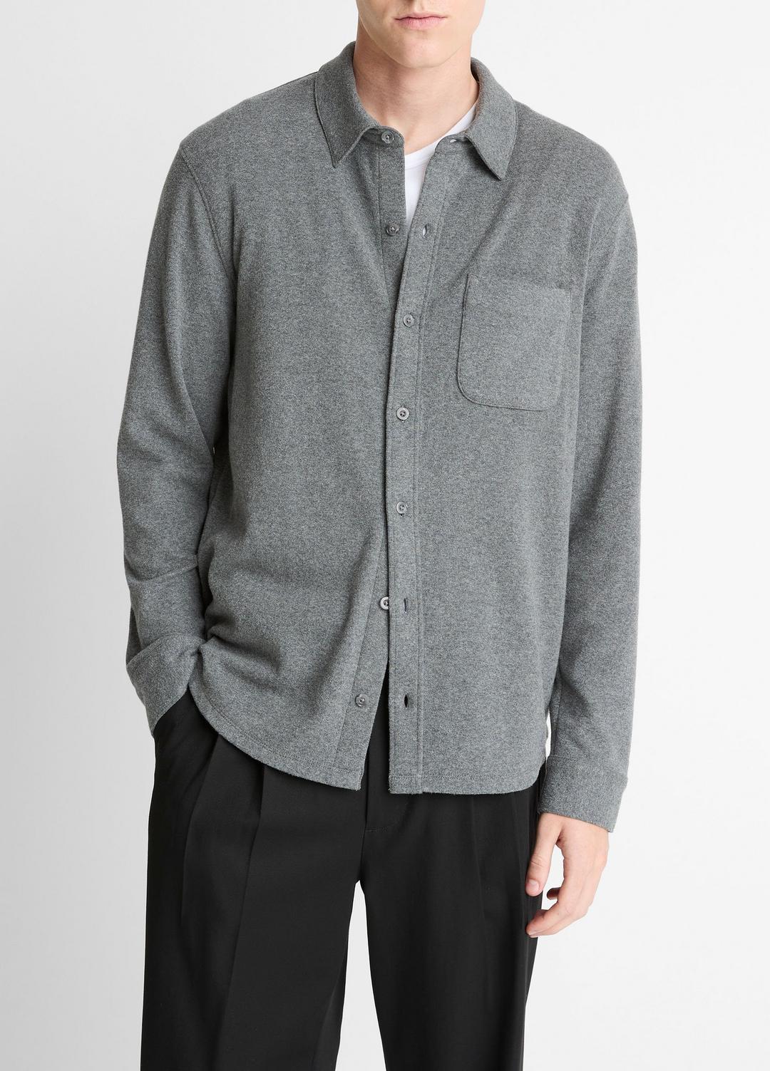 Knit Cotton-Blend Button-Front Shirt in Long Sleeve - MEDIUM HEATHER GREY | VINCE Men