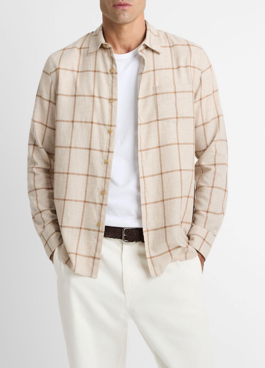 Rockery Plaid Cotton Button-Front Shirt in Long Sleeve - HEATHER OATMEAL/WALNUT | VINCE Men