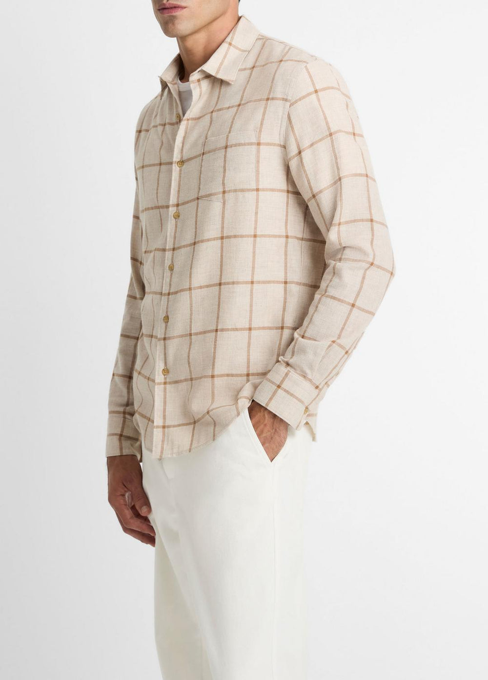 Rockery Plaid Cotton Button-Front Shirt in Long Sleeve - HEATHER OATMEAL/WALNUT | VINCE Men