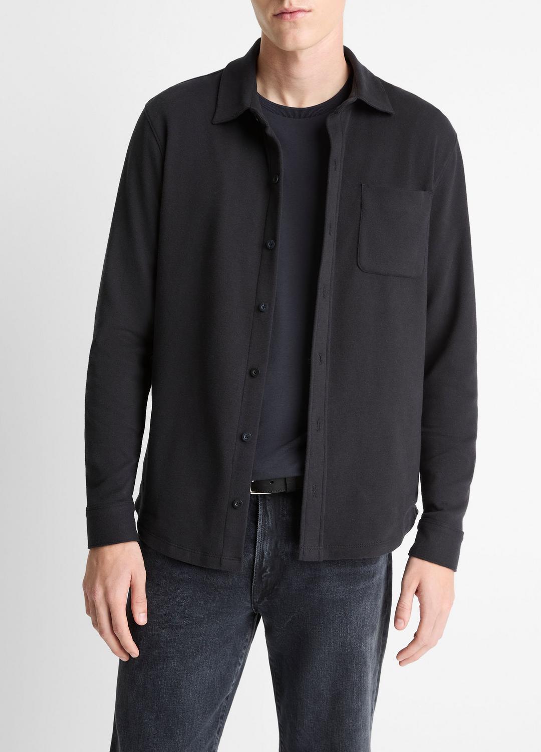 Knit Cotton-Blend Button-Front Shirt in Long Sleeve - BLACK | VINCE Men