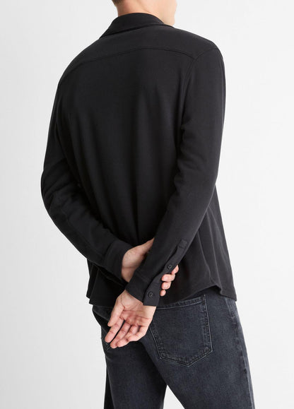 Knit Cotton-Blend Button-Front Shirt in Long Sleeve - BLACK | VINCE Men