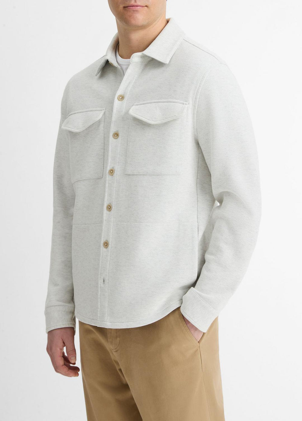Double-Knit Cotton-Blend Piqué Shirt Jacket in Shirt Jackets - HEATHER WHITE/LIGHT HEATHER GREY | VINCE Men