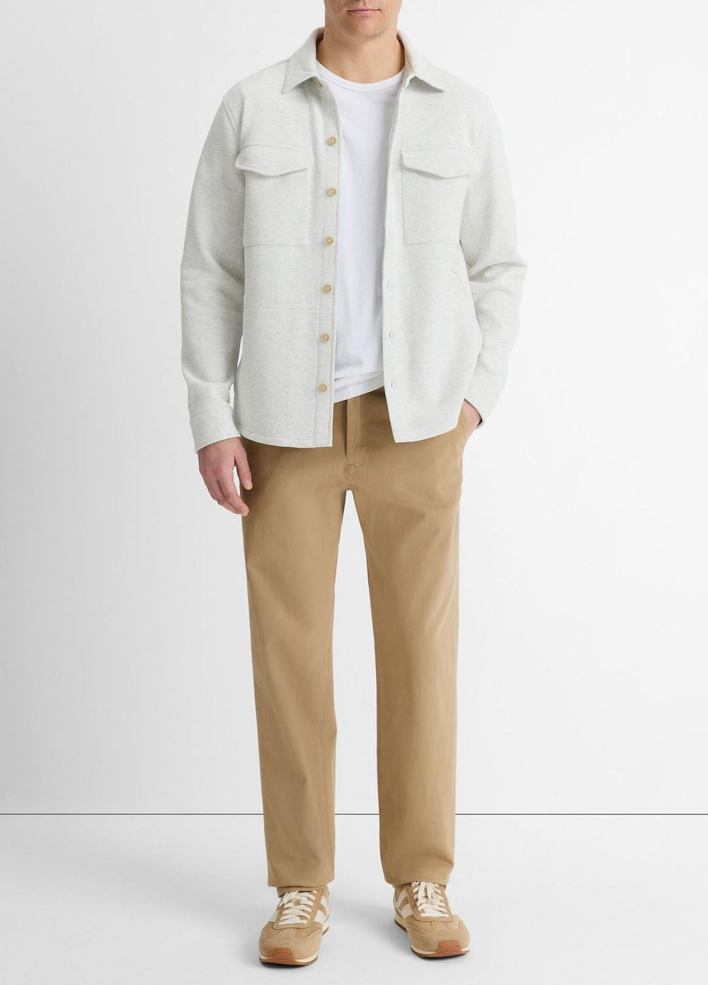 Double-Knit Cotton-Blend Piqué Shirt Jacket in Shirt Jackets - HEATHER WHITE/LIGHT HEATHER GREY | VINCE Men